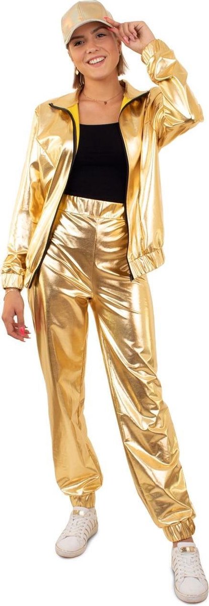 Glitter & Glamour Kostuum | Gouden Metallic Trainingspak Proud To Be Goud Dames | Vrouw | Extra Small | Carnaval kostuum | Verkleedkleding